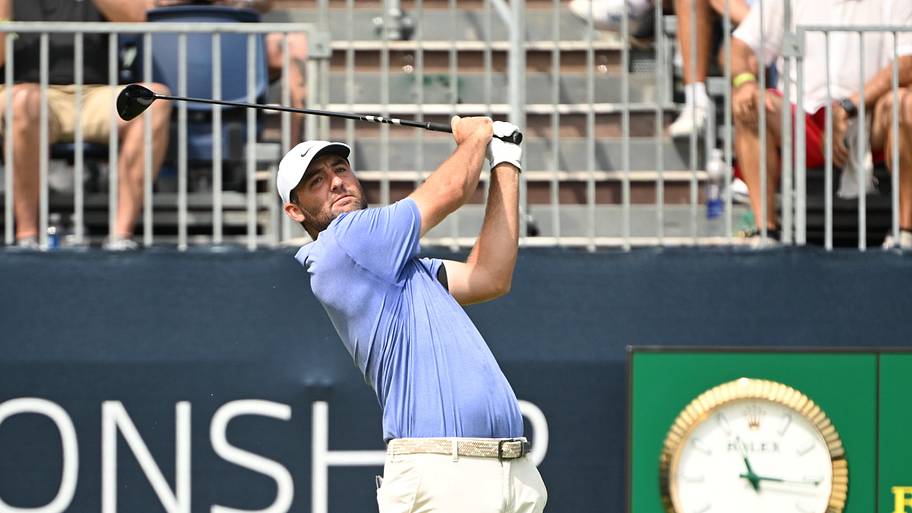 Scottie Scheffler tees off on the first hole during the first round of the BMW Championship