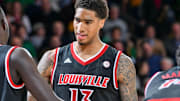 Jan 16, 2018; South Bend, IN, USA; Louisville Cardinals forward Ray Spalding (13) talks to his teammates in the second overtime against the Notre Dame Fighting Irish at the Purcell Pavilion. Mandatory Credit: Matt Cashore-Imagn Images