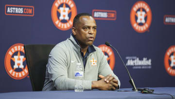 Aug 1, 2023; Houston, Texas, USA; Houston Astros general manager Dana Brown speaks with media before the game against the Cleveland Guardians at Minute Maid Park. Mandatory Credit: Troy Taormina-USA TODAY Sports