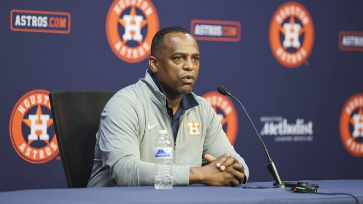 Aug 1, 2023; Houston, Texas, USA; Houston Astros general manager Dana Brown speaks with media before the game against the Cleveland Guardians at Minute Maid Park.