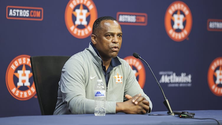 Aug 1, 2023; Houston, Texas, USA; Houston Astros general manager Dana Brown speaks with media before