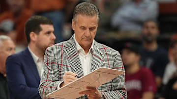Feb 5, 2025; Austin, Texas, USA; Arkansas Razorbacks head coach John Calipari draws out a play during the first half against the Texas Longhorns at Moody Center. Mandatory Credit: Scott Wachter-Imagn Images