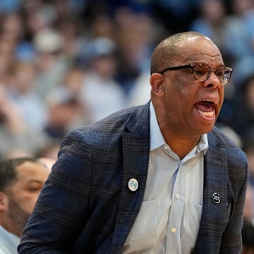 Feb 8, 2025; Chapel Hill, North Carolina, USA;  North Carolina Tar Heels head coach Hubert Davis reacts in the first half at Dean E. Smith Center. Mandatory Credit: Bob Donnan-Imagn Images
