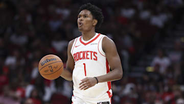 Oct 6, 2025; Houston, Texas, USA; Houston Rockets guard Amen Thompson (1) dribbles the ball during the second quarter against the Atlanta Hawks at Toyota Center. Mandatory Credit: Troy Taormina-Imagn Images