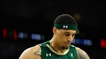 Mar 16, 2025; Fort Worth, TX, USA;  UAB Blazers forward Yaxel Lendeborg (3) reacts against the Memphis Tigers during the second half at Dickies Arena. Mandatory Credit: Chris Jones-Imagn Images