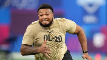Mar 3, 2024; Indianapolis, IN, USA; Notre Dame offensive lineman Blake Fisher (OL20) during the 2024 NFL Combine at Lucas Oil Stadium. Mandatory Credit: Kirby Lee-USA TODAY Sports