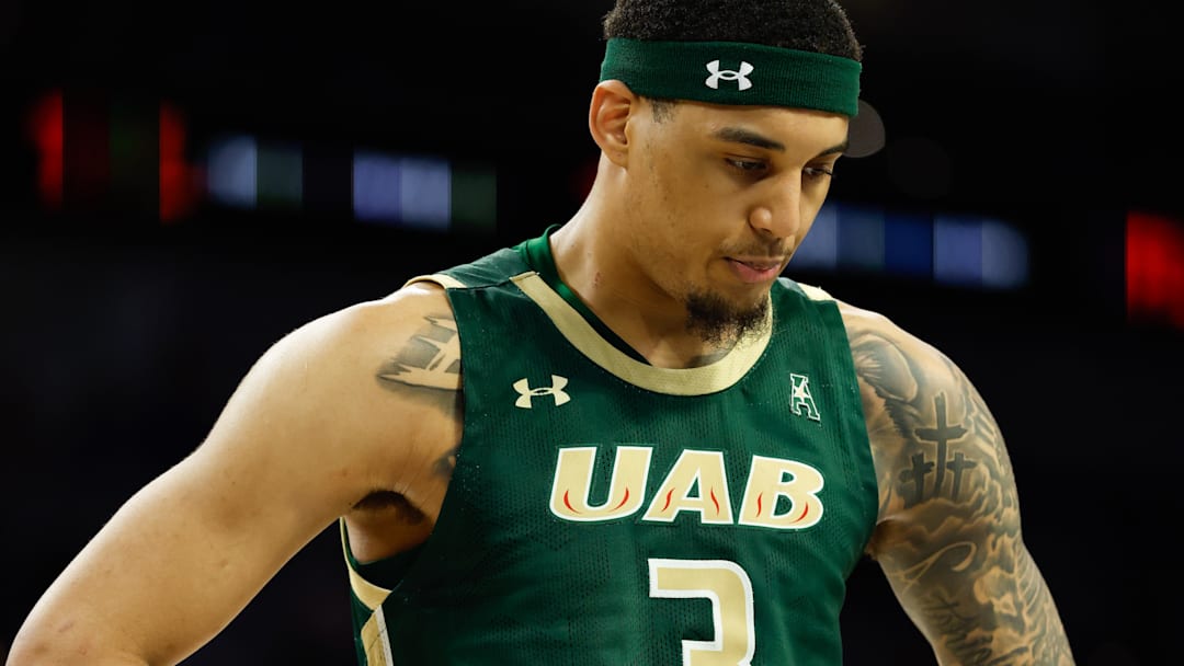 Mar 16, 2025; Fort Worth, TX, USA;  UAB Blazers forward Yaxel Lendeborg (3) reacts against the Memphis Tigers during the second half at Dickies Arena. Mandatory Credit: Chris Jones-Imagn Images