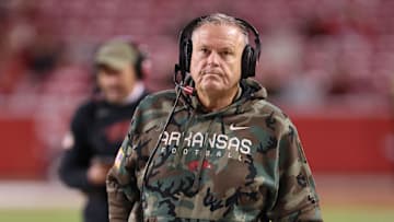 Nov 23, 2024; Fayetteville, Arkansas, USA; Arkansas Razorbacks head coach Sam Pittman during the fourth quarter against the Louisiana Tech Bulldogs at Donald W. Reynolds Razorback Stadium. Arkansas won 35-14. Mandatory Credit: Nelson Chenault-Imagn Images