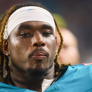  Miami Dolphins center Aaron Brewer (55) looks on after the first half against the Tennessee Titans at Hard Rock Stadium in 2024.