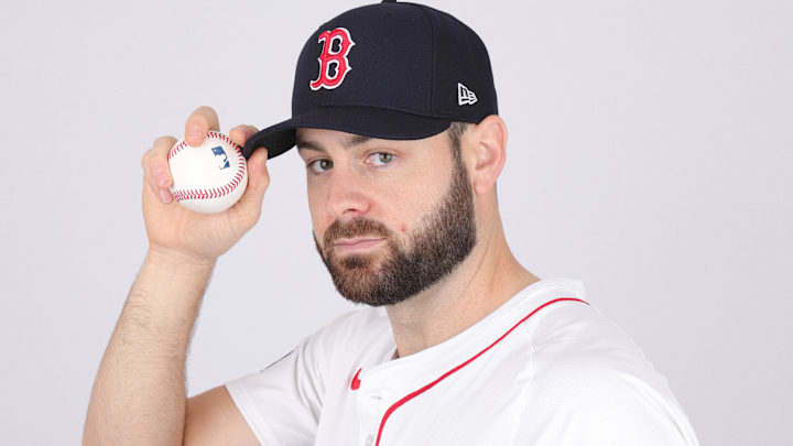 Boston Red Sox starting pitcher Lucas Giolito (54) poses for a photo during media day at JetBlue Park.