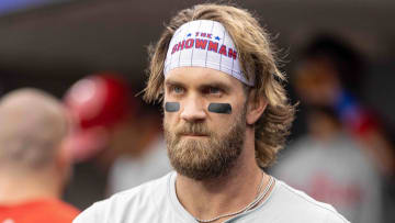 Jun 25, 2024; Detroit, Michigan, USA; Philadelphia Phillies first base Bryce Harper (3) in the dugout before the game against the Detroit Tigers at Comerica Park