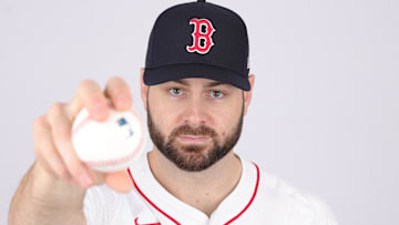 Boston Red Sox starting pitcher Lucas Giolito (54) poses for a photo during media day at JetBlue Park.