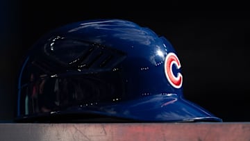 Aug 12, 2023; Toronto, Ontario, CAN; A Chicago Cubs helmet rests on the dugout during an MLB game against the Toronto Blue Jays at Rogers Centre.