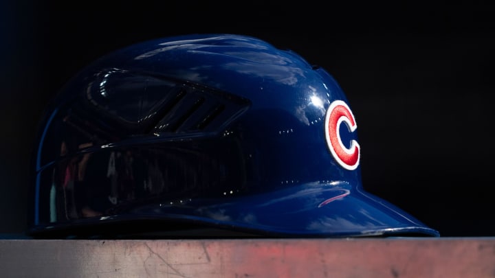 Aug 12, 2023; Toronto, Ontario, CAN; A Chicago Cubs helmet rests on the dugout during an MLB game against the Toronto Blue Jays at Rogers Centre.