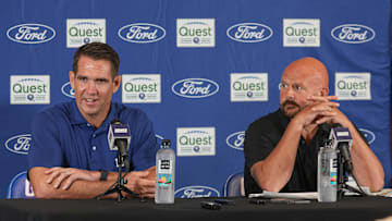 Jul 24, 2024; East Rutherford, NJ, USA; New York Giants general manager Joe Schoen (left) and head coach Brian Dabol talks to media before the start of training camp at Quest Diagnostics Training Facility. Mandatory Credit: Vincent Carchietta-Imagn Images