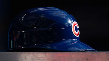Aug 12, 2023; Toronto, Ontario, CAN; A Chicago Cubs helmet rests on the dugout during a MLB game against the Toronto Blue Jays at Rogers Centre. Mandatory Credit: Kevin Sousa-Imagn Images