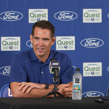 Jul 24, 2024; East Rutherford, NJ, USA; New York Giants general manager Joe Schoen (left) and head coach Brian Dabol talks to media before the start of training camp at Quest Diagnostics Training Facility.  