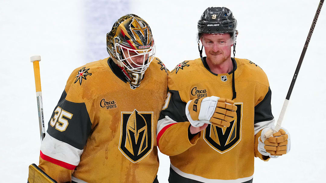 Mar 7, 2025; Las Vegas, Nevada, USA; Vegas Golden Knights center Jack Eichel (9) celebrates with goaltender Ilya Samsonov (35) after the Golden Knights defeated the Pittsburgh Penguins 4-0 at T-Mobile Arena. Mandatory Credit: Stephen R. Sylvanie-Imagn Images