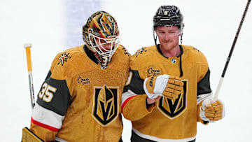 Mar 7, 2025; Las Vegas, Nevada, USA; Vegas Golden Knights center Jack Eichel (9) celebrates with goaltender Ilya Samsonov (35) after the Golden Knights defeated the Pittsburgh Penguins 4-0 at T-Mobile Arena. Mandatory Credit: Stephen R. Sylvanie-Imagn Images