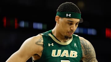 Mar 16, 2025; Fort Worth, TX, USA;  UAB Blazers forward Yaxel Lendeborg (3) reacts against the Memphis Tigers during the second half at Dickies Arena. Mandatory Credit: Chris Jones-Imagn Images