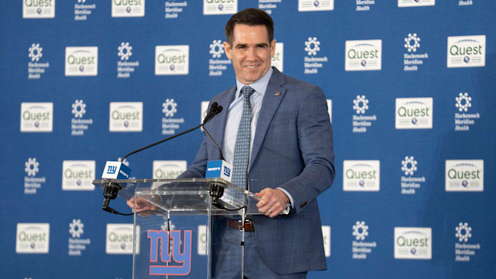General Manager Joe Schoen delivers welcoming remarks during a press conference introducing new Head Coach John Harbaugh at the Quest Diagnostics Training Center in East Rutherford on Tuesday, Jan. 20, 2025.