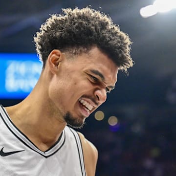 Nov 26, 2024; Salt Lake City, Utah, USA; San Antonio Spurs forward/center Victor Wembanyama (1) reacts after a collision with Utah Jazz forward/center Lauri Markkanen (not pictured) during the second half at Delta Center. Mandatory Credit: Christopher Creveling-Imagn Images