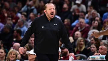 Apr 2, 2025; Cleveland, Ohio, USA; New York Knicks head coach Tom Thibodeau reacts during the second half against the Cleveland Cavaliers at Rocket Arena. Mandatory Credit: Ken Blaze-Imagn Images