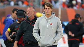 Oct 26, 2025; Cincinnati, Ohio, USA; Cincinnati Bengals quarterback Joe Burrow (9) looks on on the sidelines during the second quarter against the New York Jets at Paycor Stadium. Mandatory Credit: Joseph Maiorana-Imagn Images