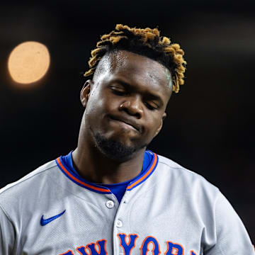 May 5, 2025; Phoenix, Arizona, USA; New York Mets pitcher Huascar Brazoban reacts against the Arizona Diamondbacks at Chase Field. Mandatory Credit: Mark J. Rebilas-Imagn Images