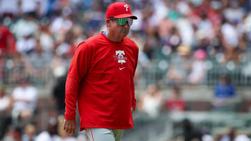 Jul 7, 2024; Atlanta, Georgia, USA; Philadelphia Phillies manager Rob Thomson (59) makes a pitching change against the Atlanta Braves in the second inning at Truist Park. Mandatory Credit: Brett Davis-USA TODAY Sports