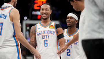 Nov 7, 2025; Sacramento, California, USA; Oklahoma City Thunder forward Jaylin Williams (6) reacts during a timeout against the Sacramento Kings in the third quarter at the Golden 1 Center. Mandatory Credit: Cary Edmondson-Imagn Images
