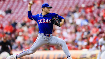 Apr 2, 2025; Cincinnati, Ohio, USA; Texas Rangers starting pitcher Jack Leiter (35) pitches against the Cincinnati Reds in the first inning at Great American Ball Park. 