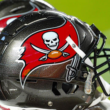 Nov 4, 2024; Kansas City, Missouri, USA; A general view of Tampa Bay Buccaneers helmets against the Kansas City Chiefs during the first half at GEHA Field at Arrowhead Stadium. Mandatory Credit: Denny Medley-Imagn Images