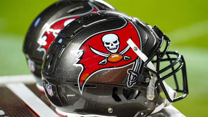 Nov 4, 2024; Kansas City, Missouri, USA; A general view of Tampa Bay Buccaneers helmets against the Kansas City Chiefs during the first half at GEHA Field at Arrowhead Stadium. Mandatory Credit: Denny Medley-Imagn Images