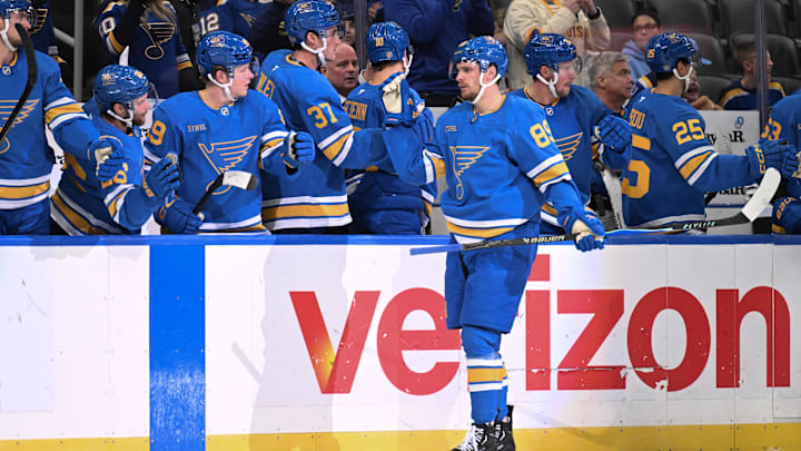 Feb 28, 2026; St. Louis, Missouri, USA; St. Louis Blues left wing Pavel Buchnevich (89) is congratulated after scoring a goal against the New Jersey Devils in the third period at Enterprise Center. Mandatory Credit: Joe Puetz-Imagn Images