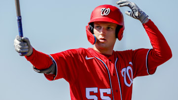 Feb 20, 2023; West Palm Beach, FL, USA; Washington Nationals outfielder Robert Hassell III (55) 