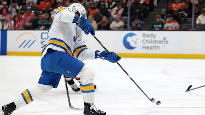 Mar 8, 2026; Anaheim, California, USA;  St. Louis Blues defenseman Tyler Tucker (75) takes a slapshot during the first period against the Anaheim Ducks at Honda Center. Mandatory Credit: Kiyoshi Mio-Imagn Images