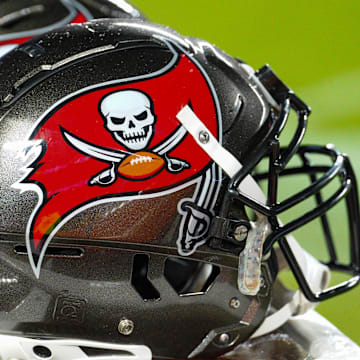 Nov 4, 2024; Kansas City, Missouri, USA; A general view of Tampa Bay Buccaneers helmets against the Kansas City Chiefs during the first half at GEHA Field at Arrowhead Stadium. Mandatory Credit: Denny Medley-Imagn Images