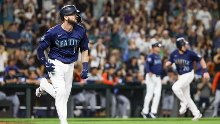 Seattle Mariners right fielder Mitch Haniger hits a walk-off double against the Detroit Tigers on Aug. 8 at T-Mobile Park.