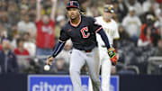 Apr 1, 2025; San Diego, California, USA; Cleveland Guardians third baseman Jose Ramirez (11) drops a ball hit by San Diego Padres catcher Elias Diaz (17) during the eighth inning at Petco Park. Mandatory Credit: Denis Poroy-Imagn Images