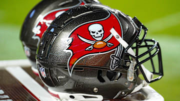 Nov 4, 2024; Kansas City, Missouri, USA; A general view of Tampa Bay Buccaneers helmets against the Kansas City Chiefs during the first half at GEHA Field at Arrowhead Stadium. Mandatory Credit: Denny Medley-Imagn Images