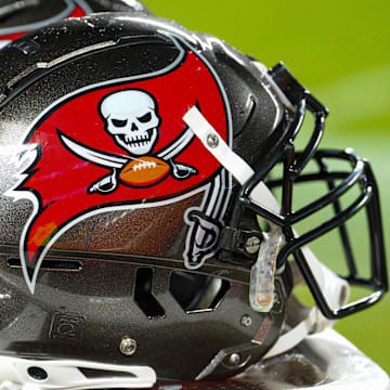 Nov 4, 2024; Kansas City, Missouri, USA; A general view of Tampa Bay Buccaneers helmets against the Kansas City Chiefs during the first half at GEHA Field at Arrowhead Stadium. Mandatory Credit: Denny Medley-Imagn Images