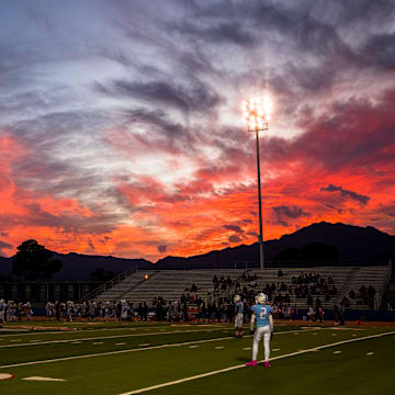 The sun sets before Ysleta and Irvin face off in a District 1-4A high school football game on Thursday, Oct. 23, 2025, at Irvin High School in El Paso, Texas.