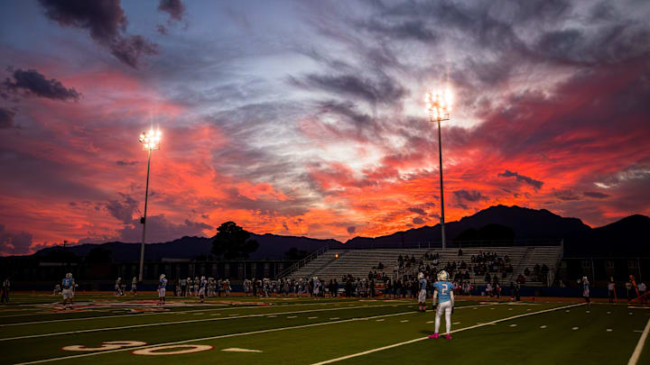 The sun sets before Ysleta and Irvin face off in a District 1-4A high school football game on Thursday, Oct. 23, 2025, at Irvin High School in El Paso, Texas. The sun sets before Ysleta and Irvin face off in a District 1-4A high school football game on Thursday, Oct. 23, 2025, at Irvin High School in El Paso, Texas.