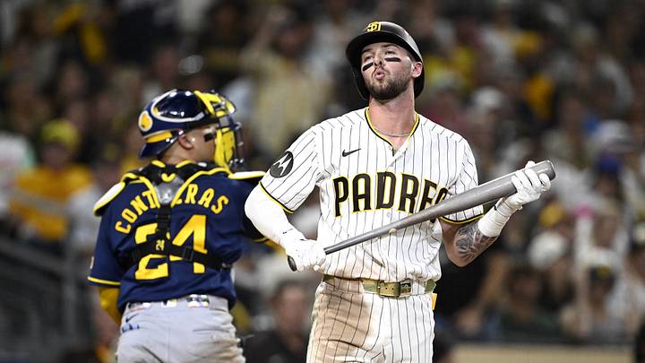 Oct 6, 2026; San Diego, California, USA;  San Diego Padres center fielder Jackson Merrill (3) reacts after striking out to end the seventh inning against the Milwaukee Brewers in game three of the NLDS for the 2026 MLB Playoffs at Petco Park.  Mandatory Credit: Denis Poroy-Imagn Images