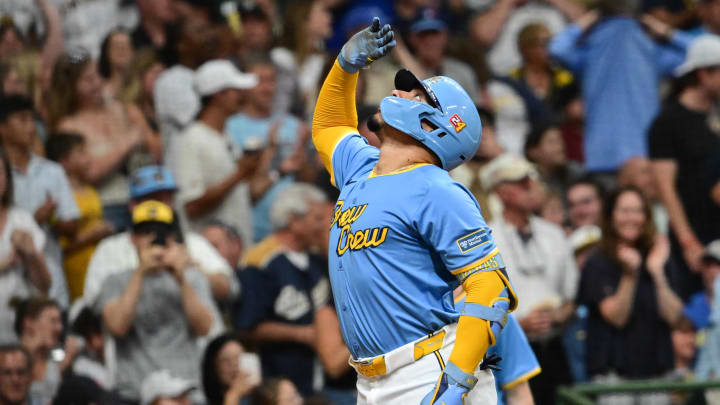 Aug 17, 2024; Milwaukee, Wisconsin, USA; Milwaukee Brewers designated hitter William Contreras (24) reacts after hitting a solo home run against the Cleveland Guardians in the fourth inning at American Family Field. Mandatory Credit: Benny Sieu-USA TODAY Sports