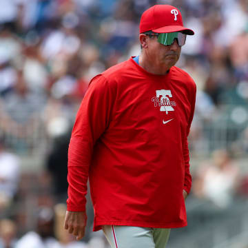 Jul 7, 2024; Atlanta, Georgia, USA; Philadelphia Phillies manager Rob Thomson (59) makes a pitching change against the Atlanta Braves in the second inning at Truist Park.