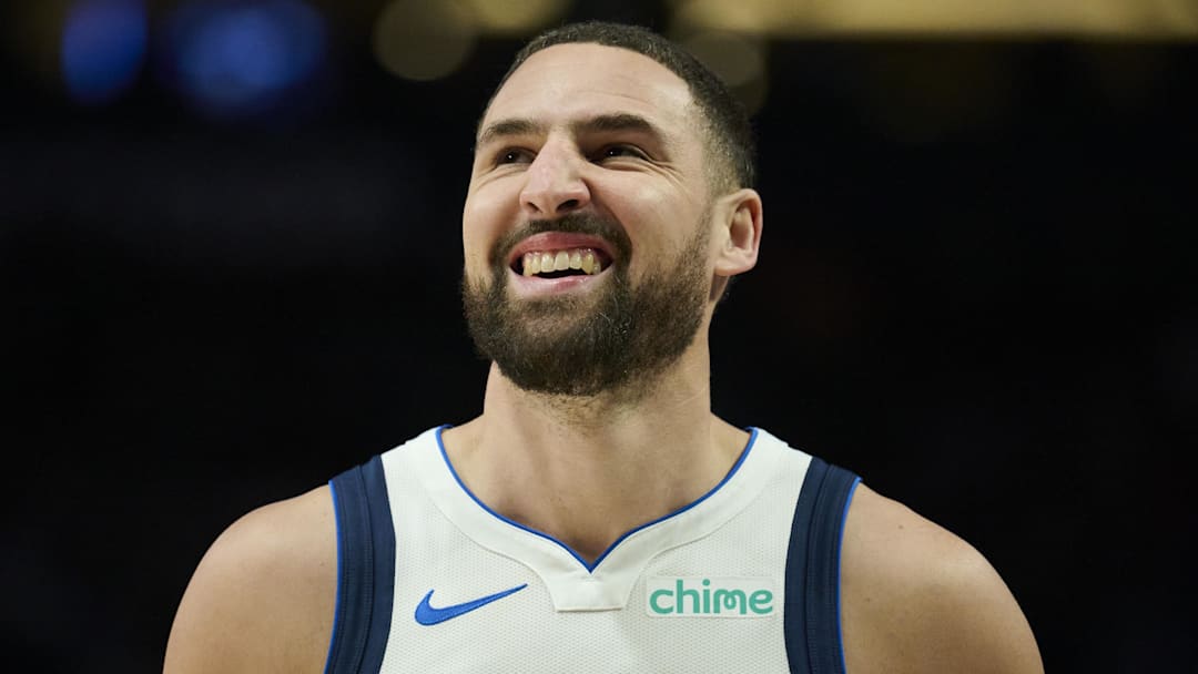 Mar 27, 2026; Portland, Oregon, USA; Dallas Mavericks guard Klay Thompson (31) looks on during the second half against the Portland Trail Blazers at Moda Center. Mandatory Credit: Troy Wayrynen-Imagn Images