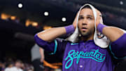 Aug 22, 2025; Phoenix, Arizona, USA; Arizona Diamondbacks outfielder Lourdes Gurriel Jr. (12) reacts after hitting the game winning RBI in the eleventh inning against the Cincinnati Reds at Chase Field to beat the reads 6-5. Mandatory Credit: Allan Henry-Imagn Images