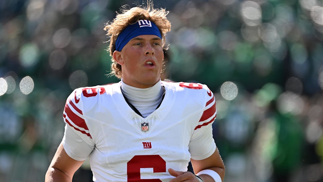 Oct 26, 2025; Philadelphia, Pennsylvania, USA; New York Giants quarterback Jaxson Dart (6) against the Philadelphia Eagles at Lincoln Financial Field.